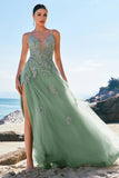 Vestido de fiesta largo de tul con tirantes finos de línea A verde y espalda cruzada