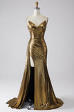 Vestido de fiesta largo dorado de sirena brillante con abertura