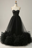 Una línea Sweetheart Black Corset Prom Dress con volantes