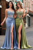 Vestido de fiesta de satén con corsé largo plisado de sirena Azul polvoriento