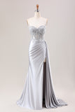 Vestido de fiesta de satén con corsé largo plisado de sirena Plata con abertura