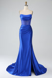 Vestido de fiesta largo con corsé plisado sin tirantes de sirena azul real con abertura