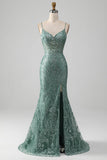 Spaghetti Staps Vestido de fiesta verde gris brillante con abalorios