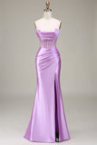 Vestido de Fiesta Corte Sirena de Satén Lila con Corsé