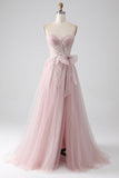 Vestido de fiesta de tul sin tirantes Sparkly A Line con lazo