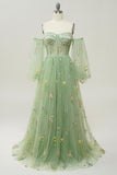 Green Off The Shoulder Mangas largas A-Line Prom Dress