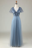 A-Line Vestido de dama de honor azul polvoriento con abalorios