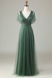 Tul A-Line Beaded Eucalyptus Bridesmaid Dress con lentejuelas