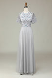 A-Line Tul Beaded Long Grey Bridesmaid Dress con apliques