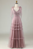 Tul V-Neck Dusty Pink Bridesmaid Dress con abalorios