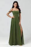Off The Shoulder A Line Vestido de dama de honor oliva con hendidura
