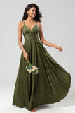 Grand Beauty A Line Spaghetti Straps Olive Long Bridesmaid Dress con volantes
