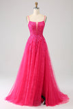 Vestido de fiesta largo de encaje con corsé de línea A fucsia con abertura