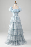 Vestido de fiesta largo escalonado de cuello cuadrado azul claroA Line con volantes
