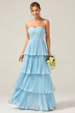 Vestido de dama de honor largo plisado escalonado azul cielo