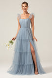 Tirantes desmontables Una línea escalonada Vestido de dama de honor azul empolvado