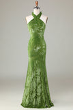 Velvet Halter Olive Bridesmaid Vestido