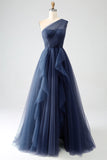 Vestido de fiesta largo de tul azul marino de un hombro