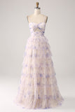 Vestido de fiesta largo de princesa escalonada de flores de lavanda