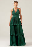 Vestido largo de dama de honor largo de gasa verde oscuro de gasa escalonada de una línea con pliegues