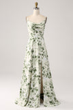 Vestido de fiesta de la línea A floral verde con cuello de capucha con abertura