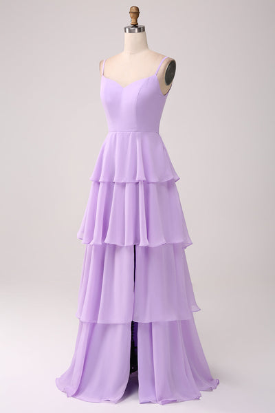 Vestido elegante de dama de honor con tirantes finos y escote en V Lila