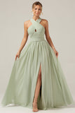 Vestido largo verde salvia de gasa para dama de honor corte en A