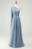 Vestido de dama de honor largo azul empolvado de gasa convertible de una línea