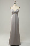 Sirena gris Vestido de dama de honor largo abierto