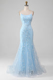 Vestido de fiesta largo de sirena con cuentas azul claro brillante