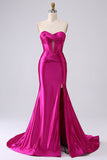 Vestido de fiesta largo con corsé de novia fucsia fucsia brillante con abertura