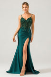 Vestido de fiesta largo con corsé plisado de lentejuelas de lentejuelas verde oscuro brillante con abertura