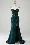 Vestido de fiesta de corsé plisado de lentejuelas de lentejuelas verde oscuro brillante con abertura