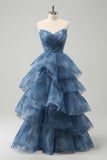 Vestido de fiesta largo largo con bordado de línea A gris azul sin tirantes