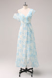 Blanco con Floral Azul Vestido de dama de Honor en Gasa Linea A y Cuello V
