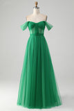 Vestido de Fiesta Largo en Verde Oscuro, Tipo Una Línea con Corsé y Sin Hombros