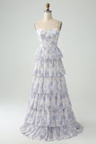 Blanco con Estampado Azul, Vestido de Dama de Honor con Tirantes Finos y Falda en Capas