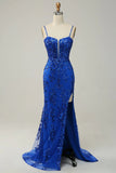Sirena Tirantes de Espagueti Azul Real Vestido de Fiesta