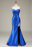 Vestido de fiesta largo de tirantes de espagueti de sirena azul real con abertura