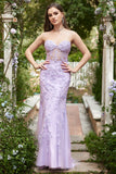 Novia cuello sirena largo vestido púrpura de graduación con apliques