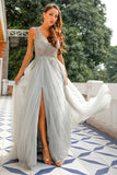 Gris V cuello con cuentas vestido largo de fiesta