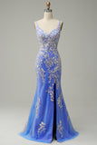 Vestido de fiesta largo azul claro con cuello en V de sirena con apliques de cuentas