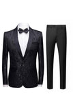 Negro Jacquard Chal Solapa Hombre 2 Piezas Trajes