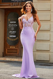 Vestidos de fiesta con cuentas de cuentas con cuello en V de sirena lila con espalda abierta con apliques