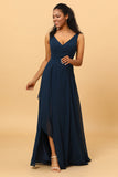 Vestido de dama de honor con cuello en V azul marino con abertura