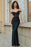 Vestido de fiesta largo sirena negro con purpurina con hombros descubiertos