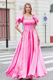 Princesa A Line Cuello Cuadrado Rosa Intenso Vestido Largo De Fiesta Con Mangas Abullonadas
