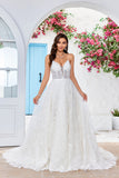 Encantador A Line Spaghetti Straps Apricot Vestido de novia largo con Sweep Train