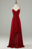 Gasa Borgoña Spaghetti Straps Vestido de dama de honor largo con volantes