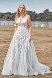 Una línea Tul Vestido de novia marfil con apliques